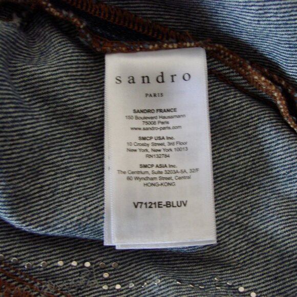 Sandro Denim Jean Jacket Pearl Embellished Lightning Bolt Size 42 FR or 10 - Picture 6 of 16